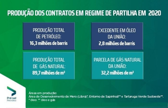 Parcela da União no regime de partilha em 2020 foi de 2,9 milhões de barris de óleo e 32,2 milhões de m³ de gás natural 